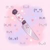 A knife with heart designs on the blade and handle, with stars and hearts around it on a pink and purple background