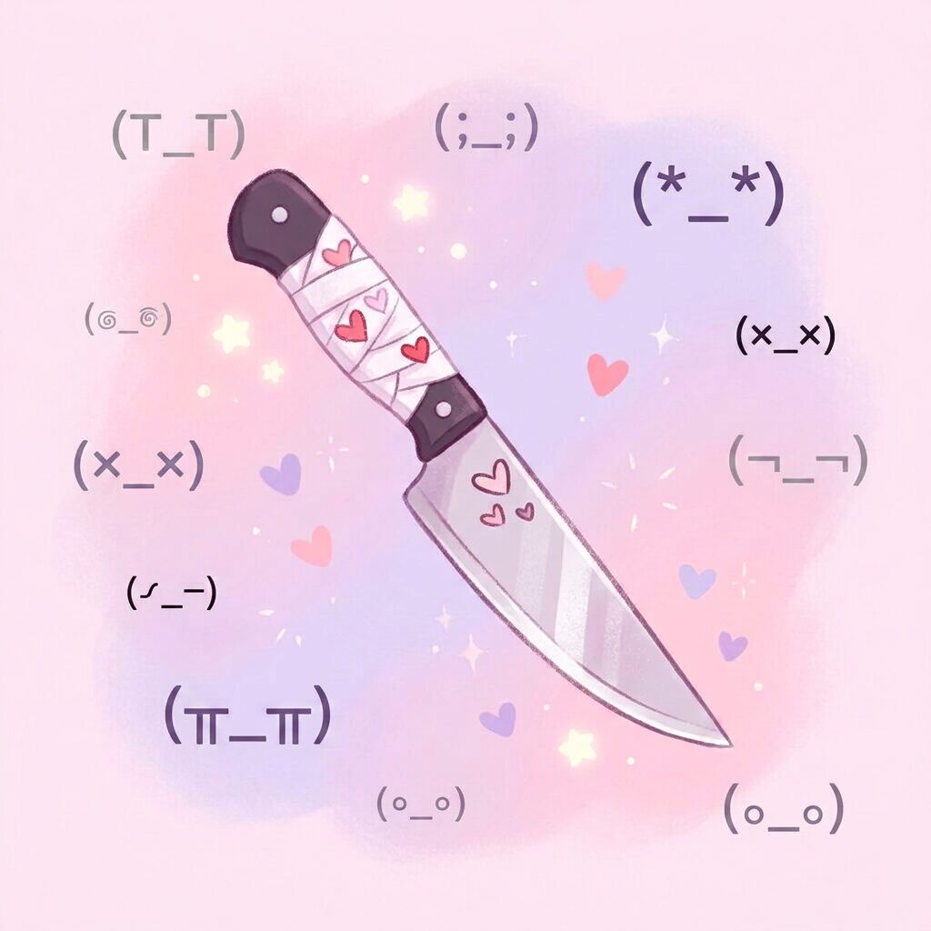 A knife with heart designs on the blade and handle, with stars and hearts around it on a pink and purple background