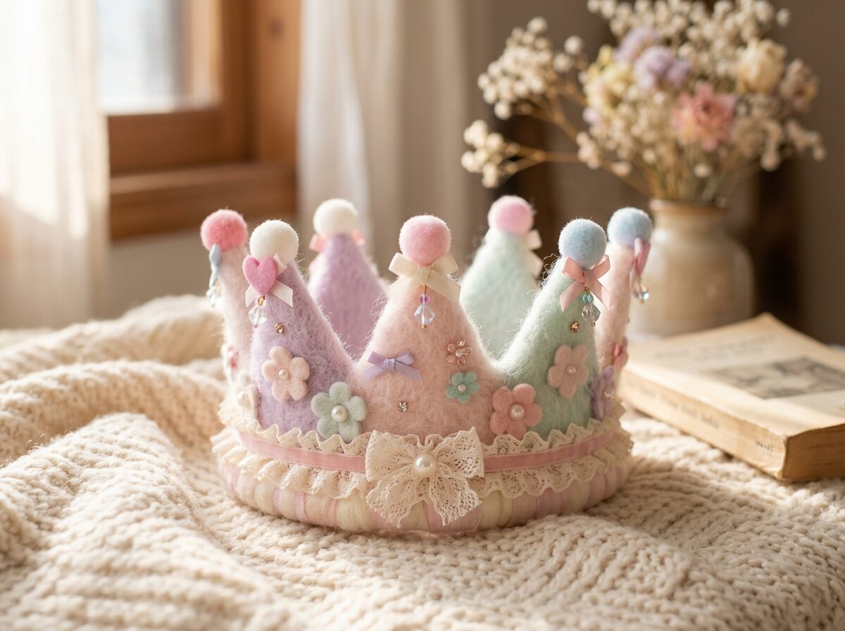 Pastel-colored felt crown adorned with flowers, bows, and beads